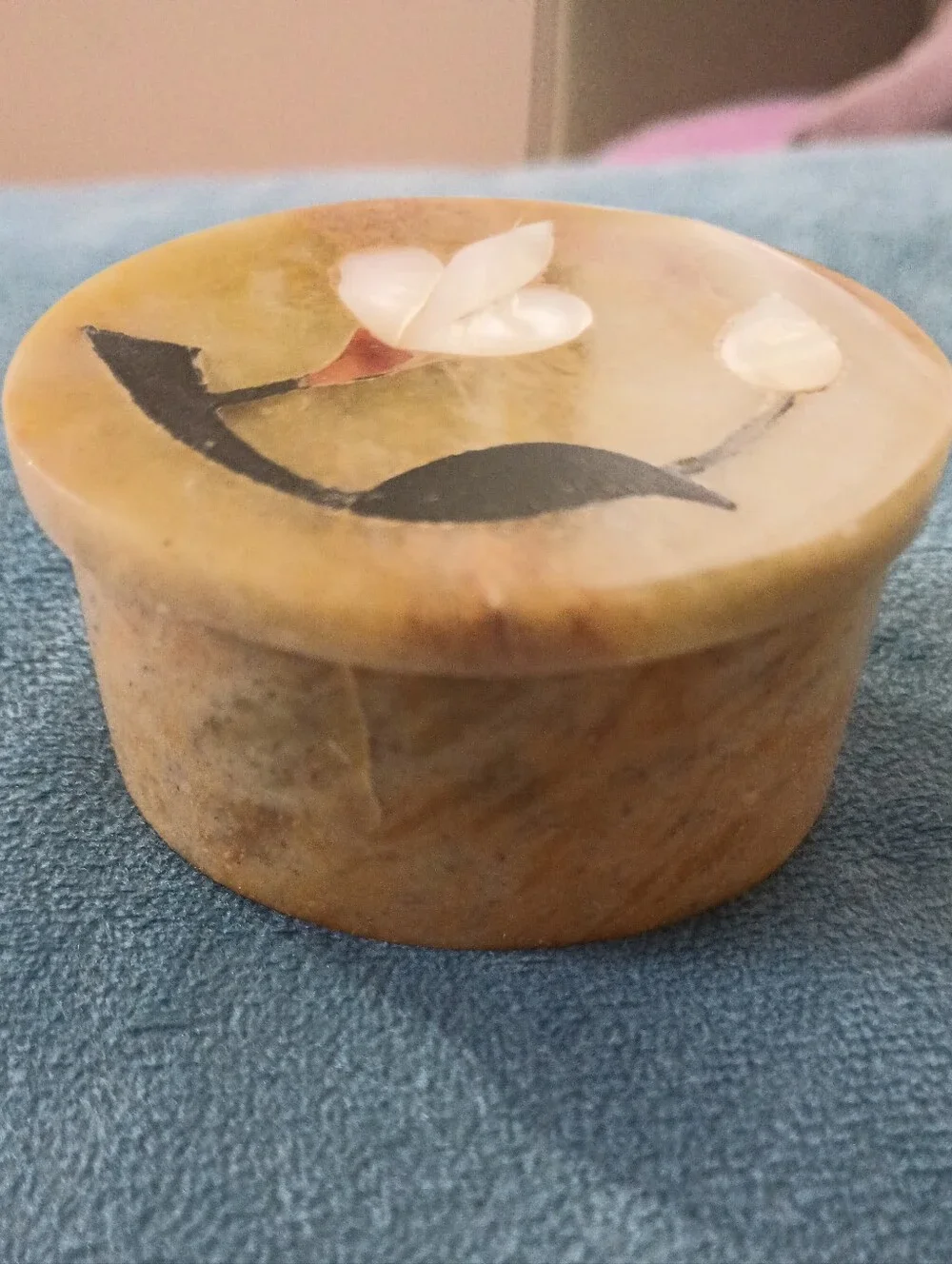 Carved Stone Trinket Box with Inlaid Flower - Beige and Black
